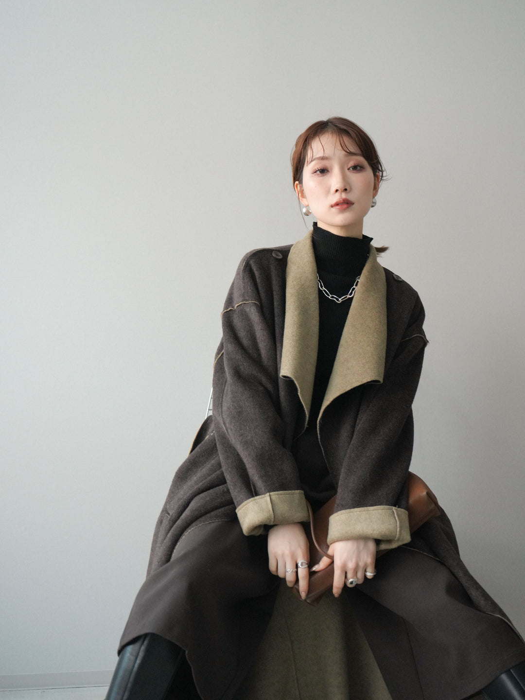 [予約]ダブルフェイスバイカラーロングコート/khaki