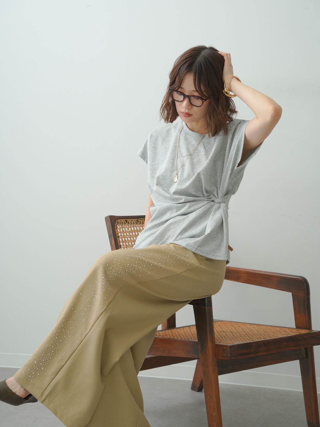 [SET]サイドノットTEE+ポーチベルト付サイドビジュータックワイドパンツ(2set)
