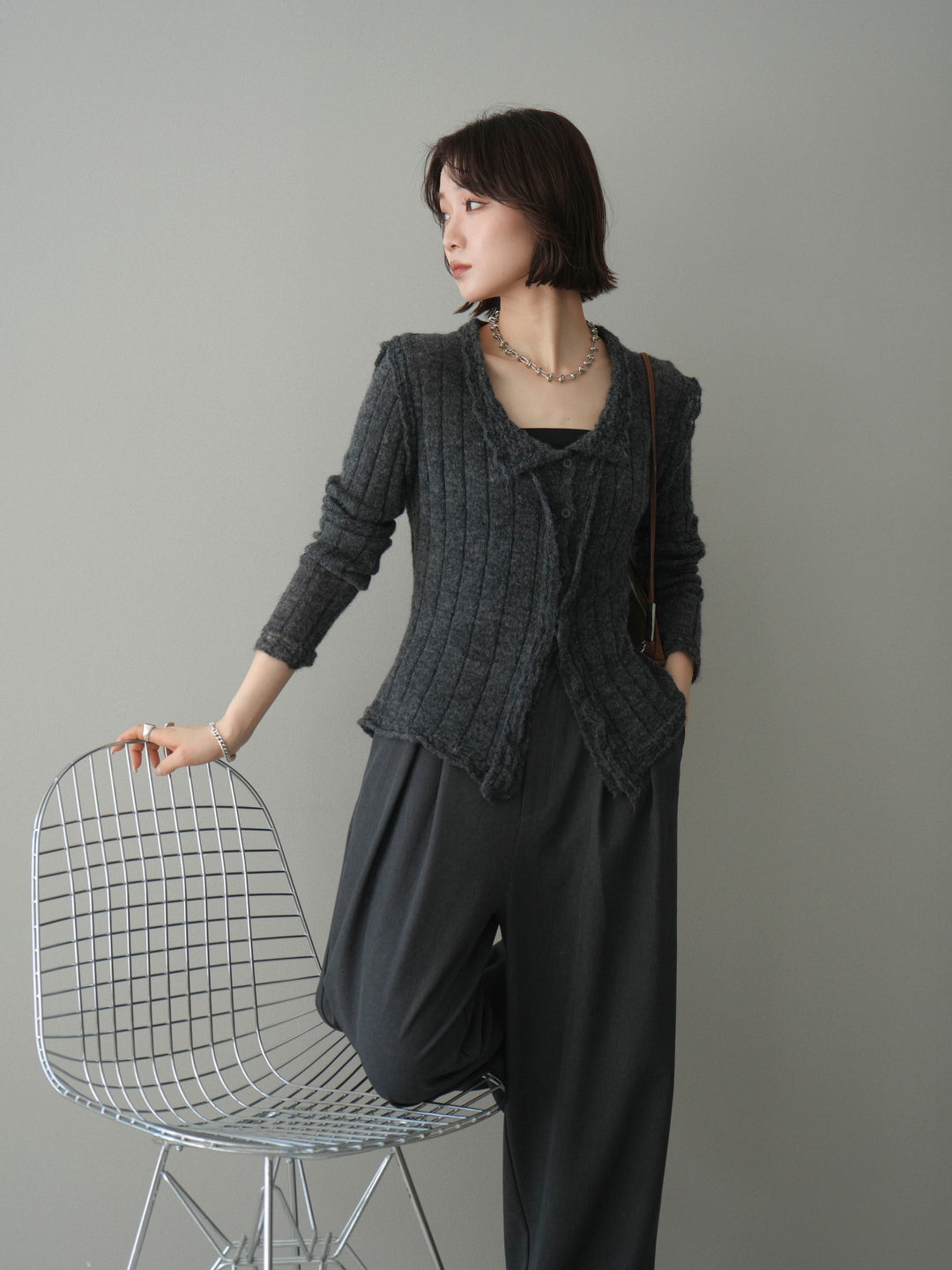 [予約]透かし襟モヘアタッチニットカーディガン/charcoal