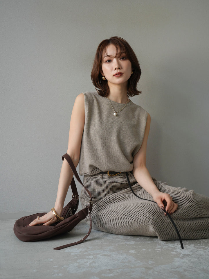 [予約]メッシュ切替ノースリーニットワンピース/beige