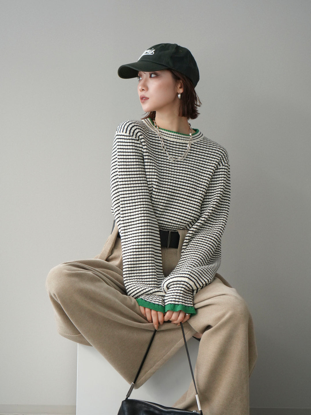 [予約]ラメ異素材ボーダーリブニットプルオーバー/off×green