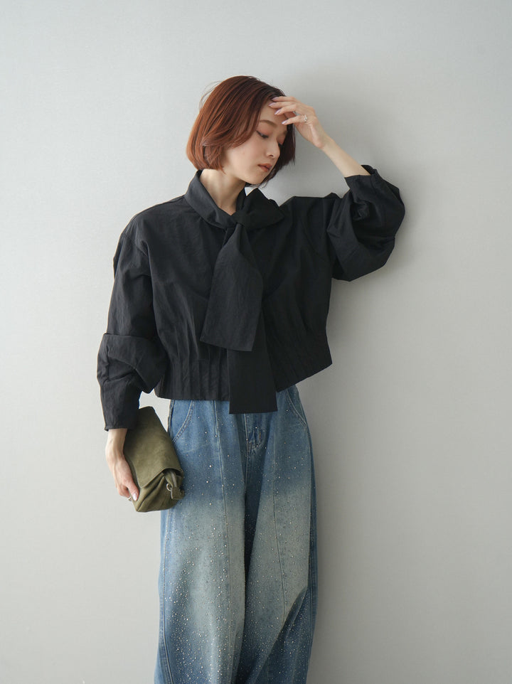 [SET]ボウタイ裾プリーツライトジャケット+フロントビジューカーブデニムパンツ(2set)