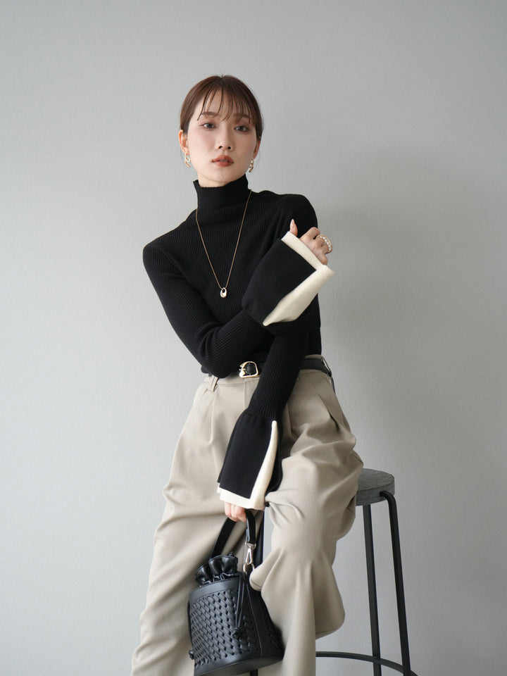 [SET] 疊層喇叭袖高領針織上衣 + 雙褶寬褲 (2 套)