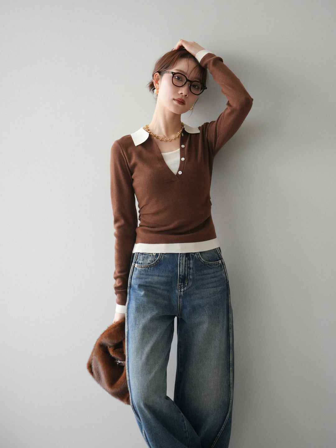 [予約]レイヤード配色ポロニットトップス/brown