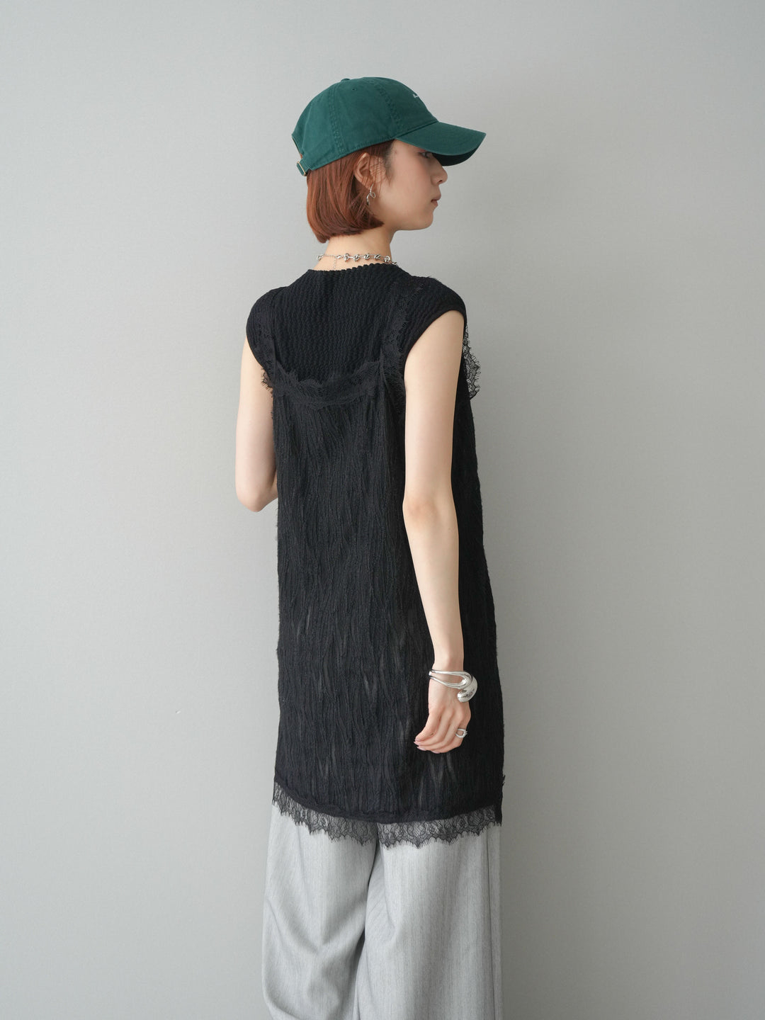 [予約]レース切替ジャガードニットロングキャミソール/black