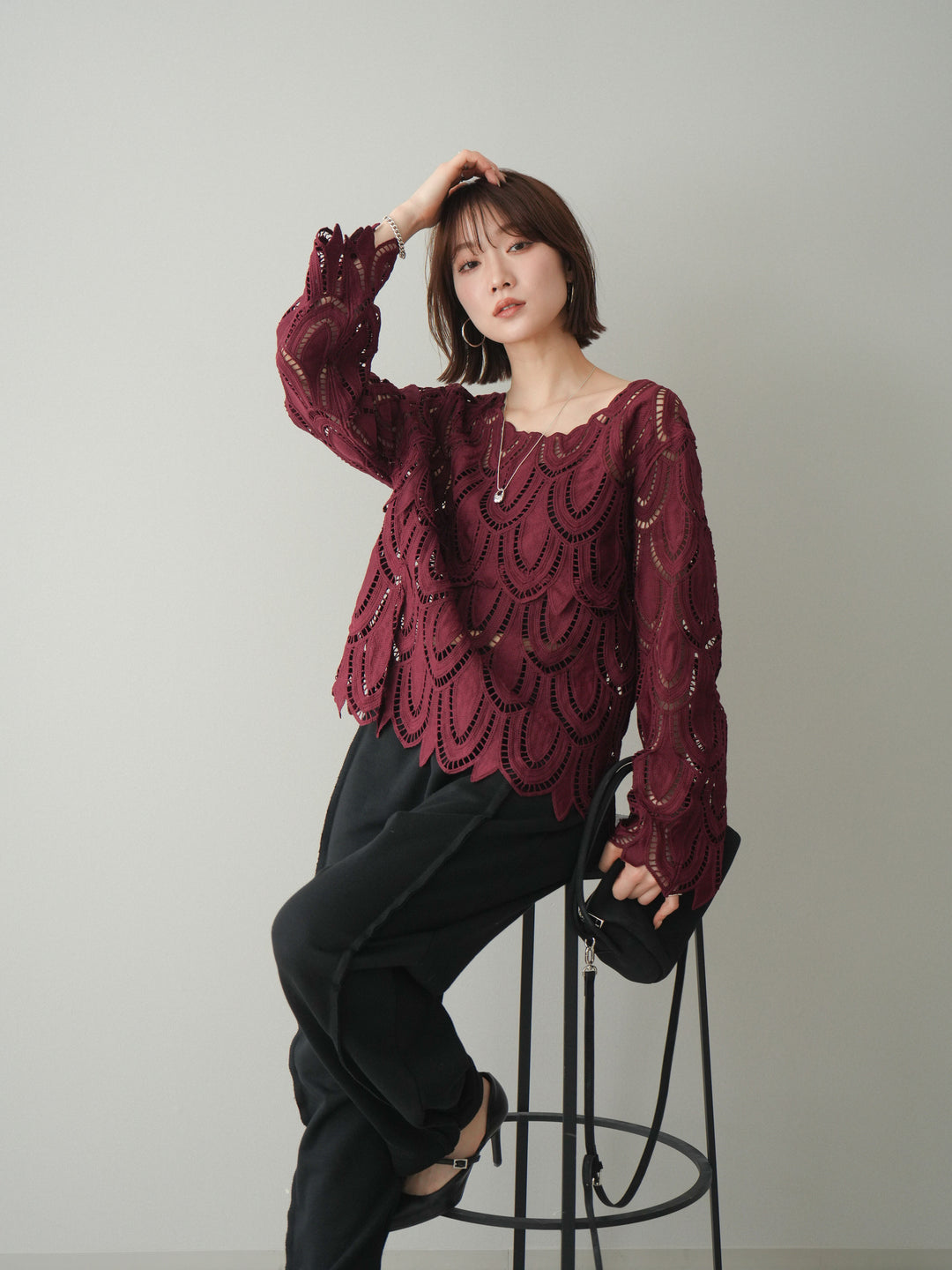 [予約]透かしコードレースブラウス/bordeaux