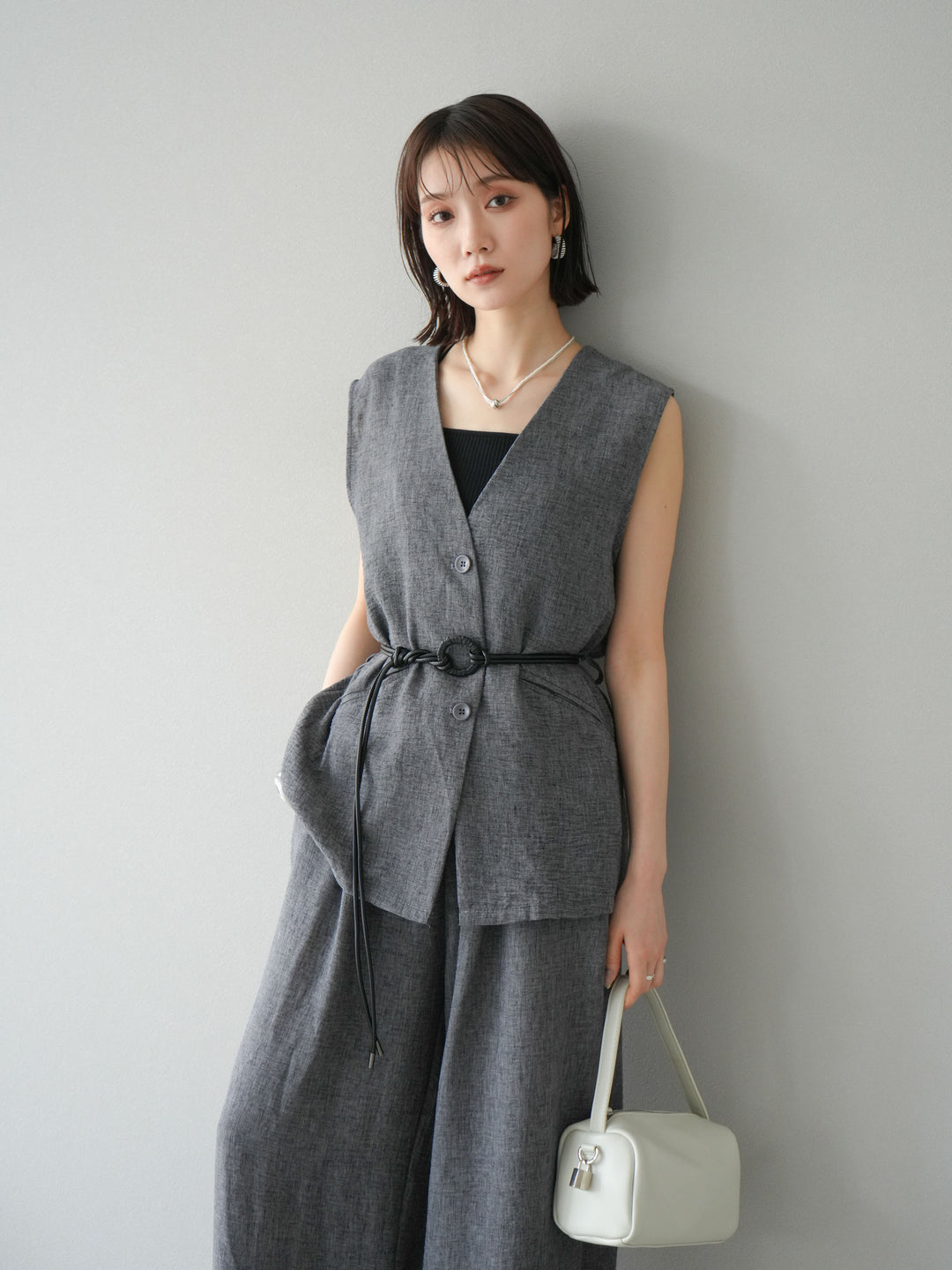 [SET]ベルト付リネンタッチベスト＆ワイドパンツSET UP(2set)