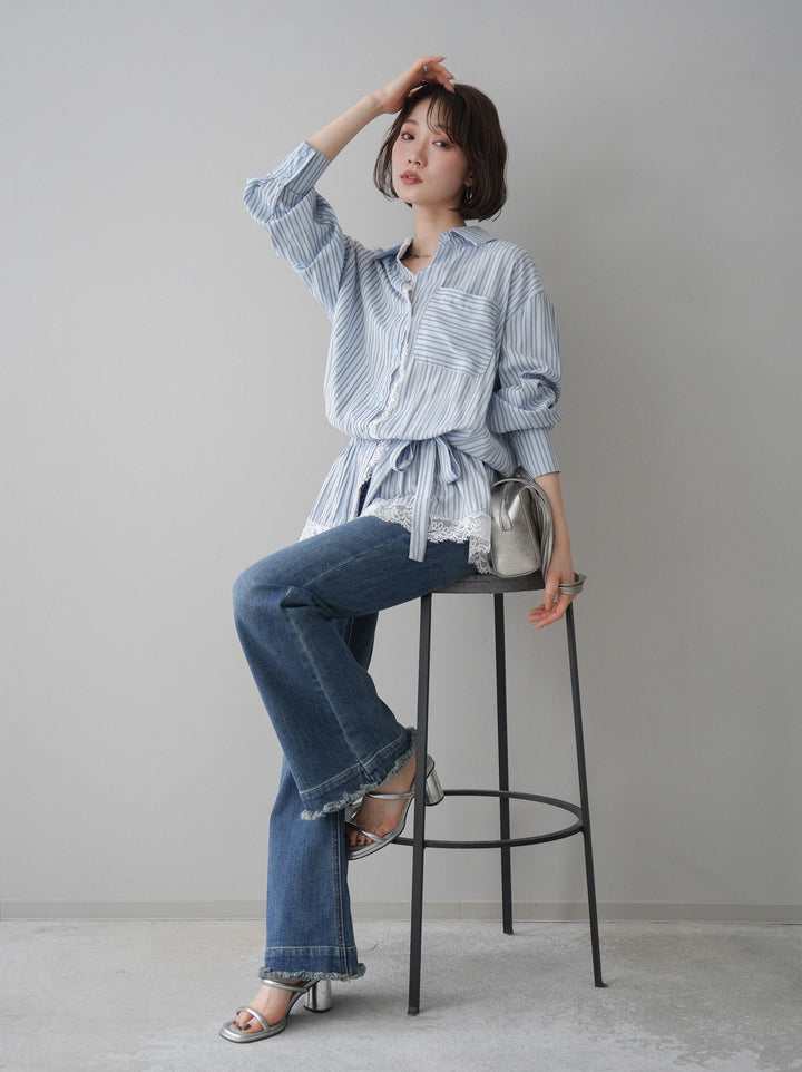 [SET]レース付ストライプウエストギャザーシャツ+フリンジデザインセミフレアデニム(2set)