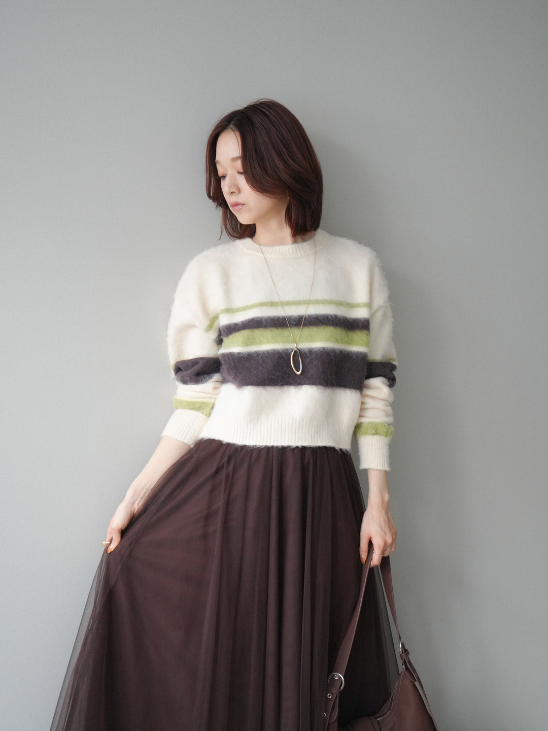 [SET]ソフトタッチボーダークロップドニットプルオーバー+チュールボリュームスカート(2set)