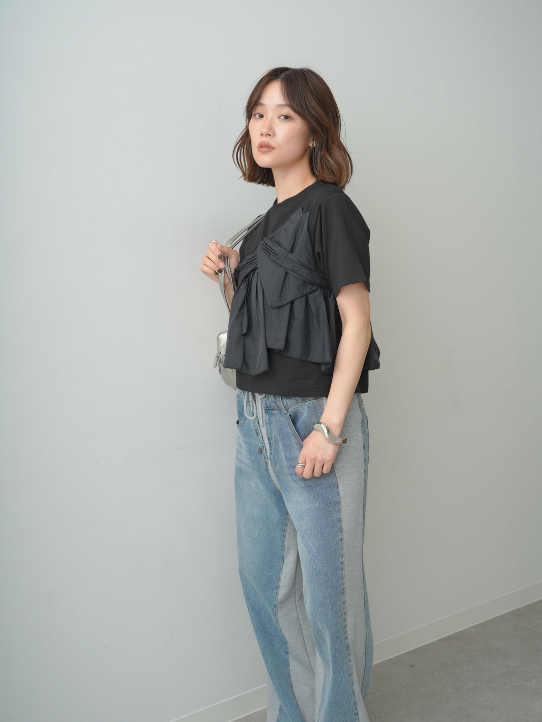 [SET]ナイロンドッキングツイストTEE +デニム切替スウェットパンツ(2set)
