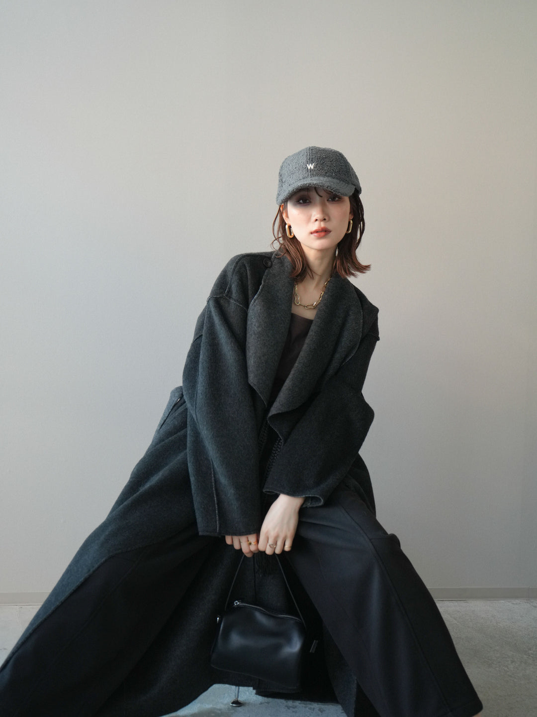 [予約]ダブルフェイスバイカラーロングコート/charcoal