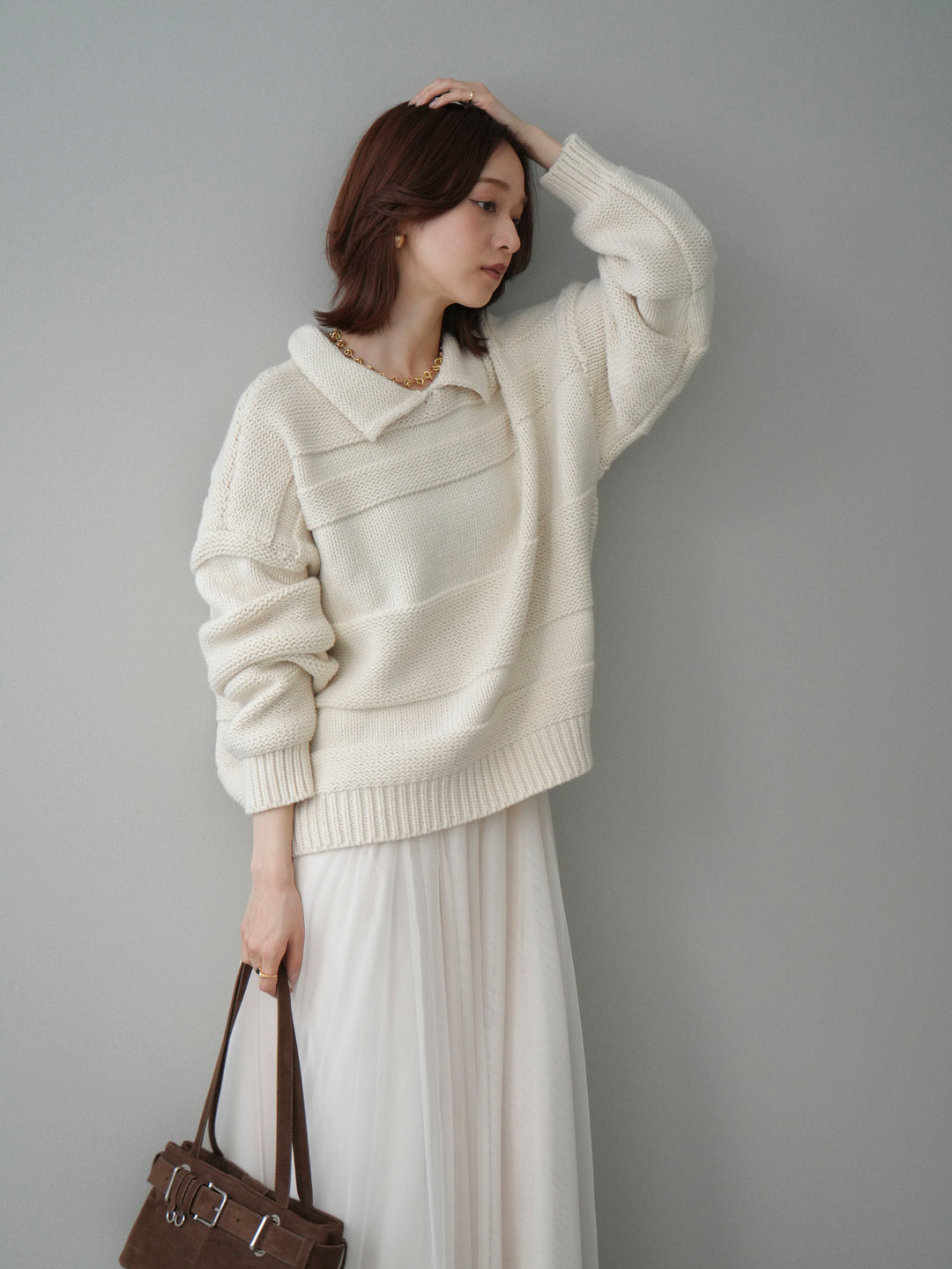 [SET]襟付きボーダー編みニットプルオーバー+チュールボリュームスカート(2set)