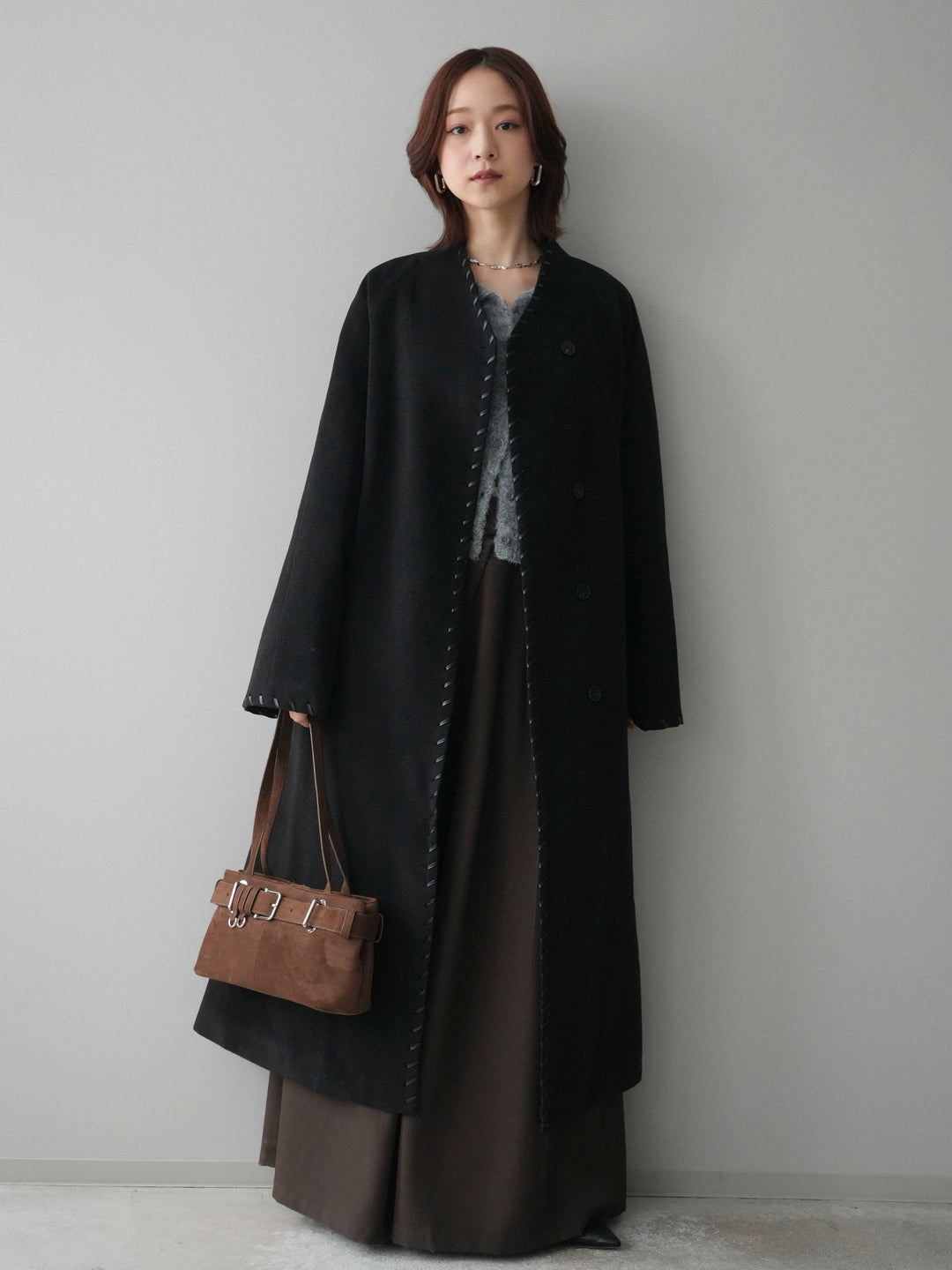 [SET]ハンドステッチ裏中綿ロングコート+テープベルトタックバギーパンツ(2set)