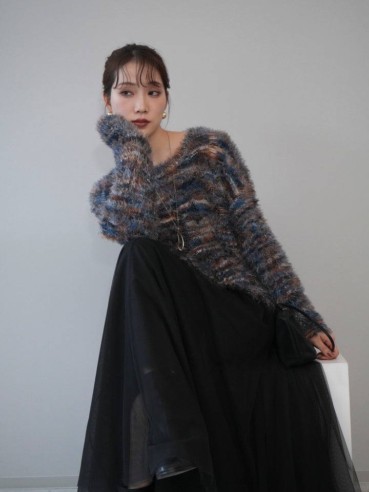 [予約]ミックスシャギールーズニットプルオーバー/blue