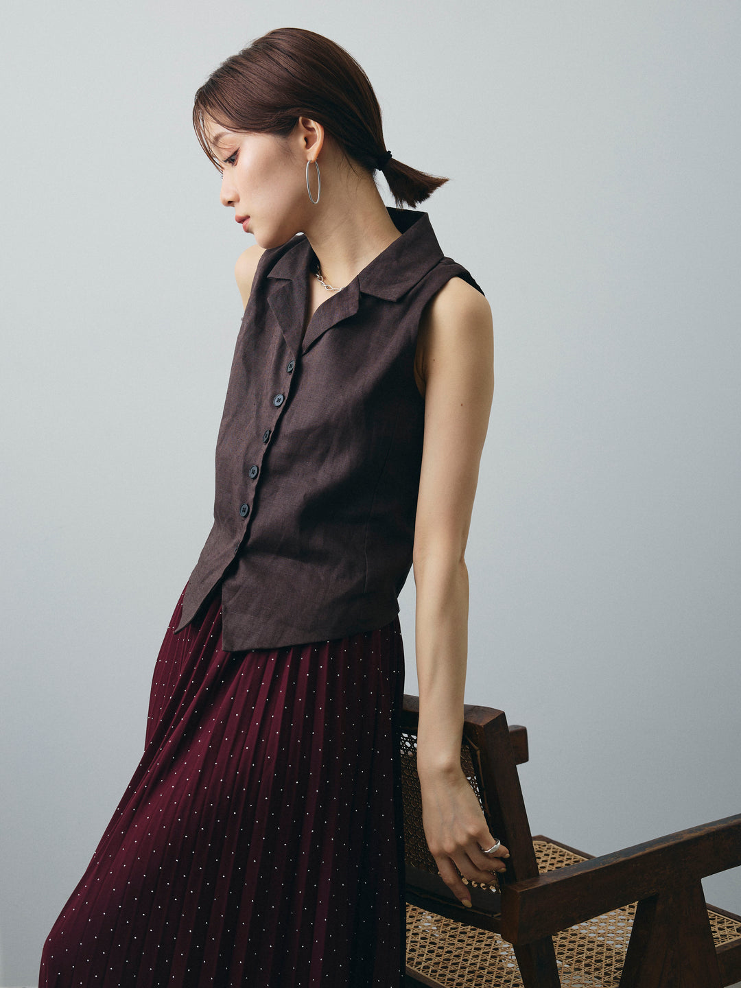 [SET]リネンライクテーラードジレ+ラインストーンプリーツスカート(2set)