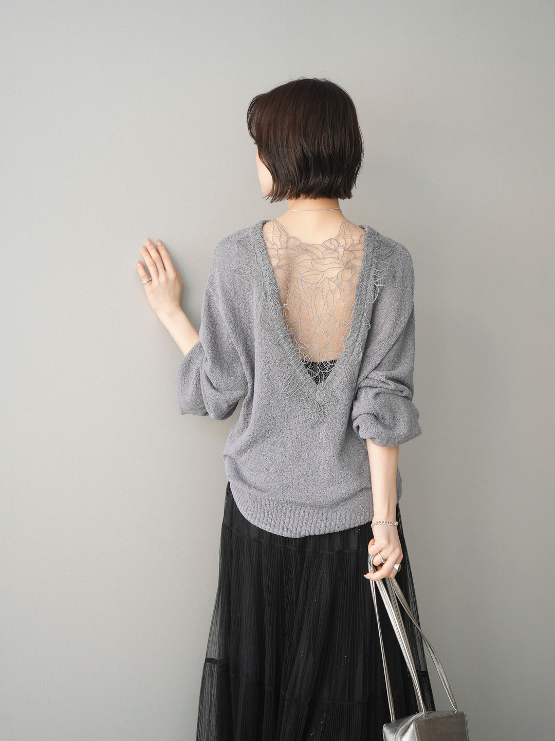 [予約]バックシアーフラワーレースニットプルオーバー/gray