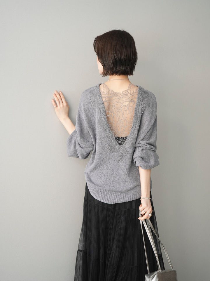 [予約]バックシアーフラワーレースニットプルオーバー/gray