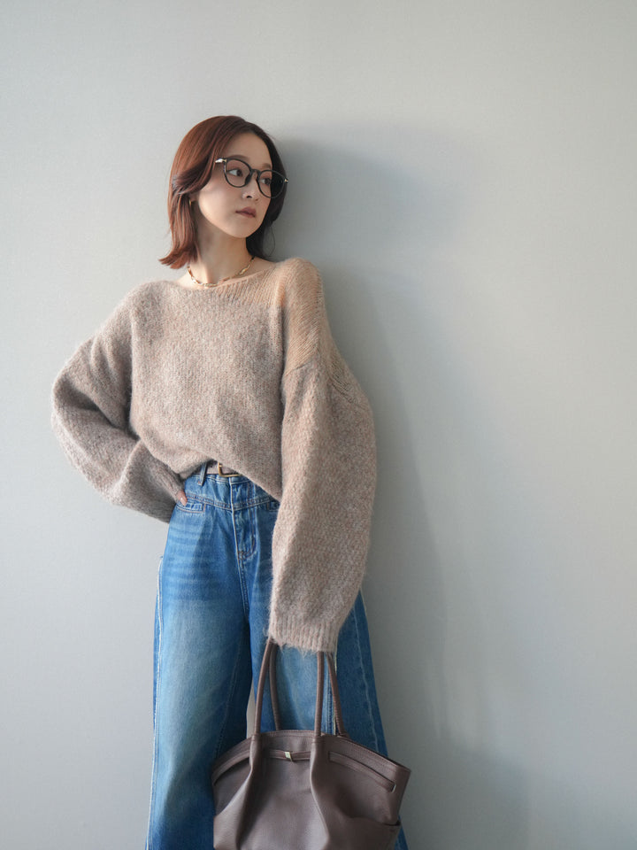 [SET]透かしデザインニットプルオーバー+サイドフリンジワイドデニムパンツ(2set)