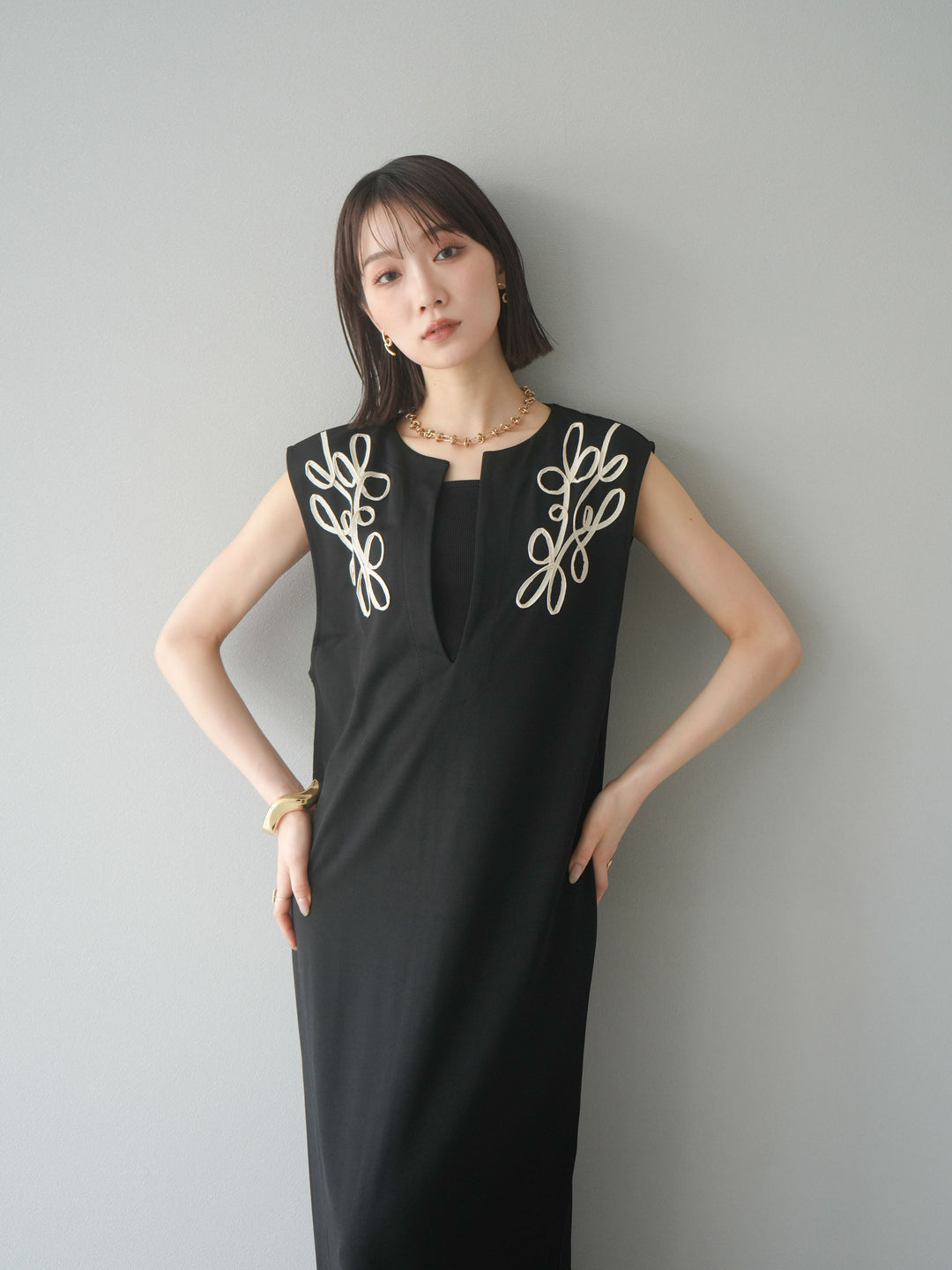 [予約]ライトポンチコード刺繍ワンピース/ブラック