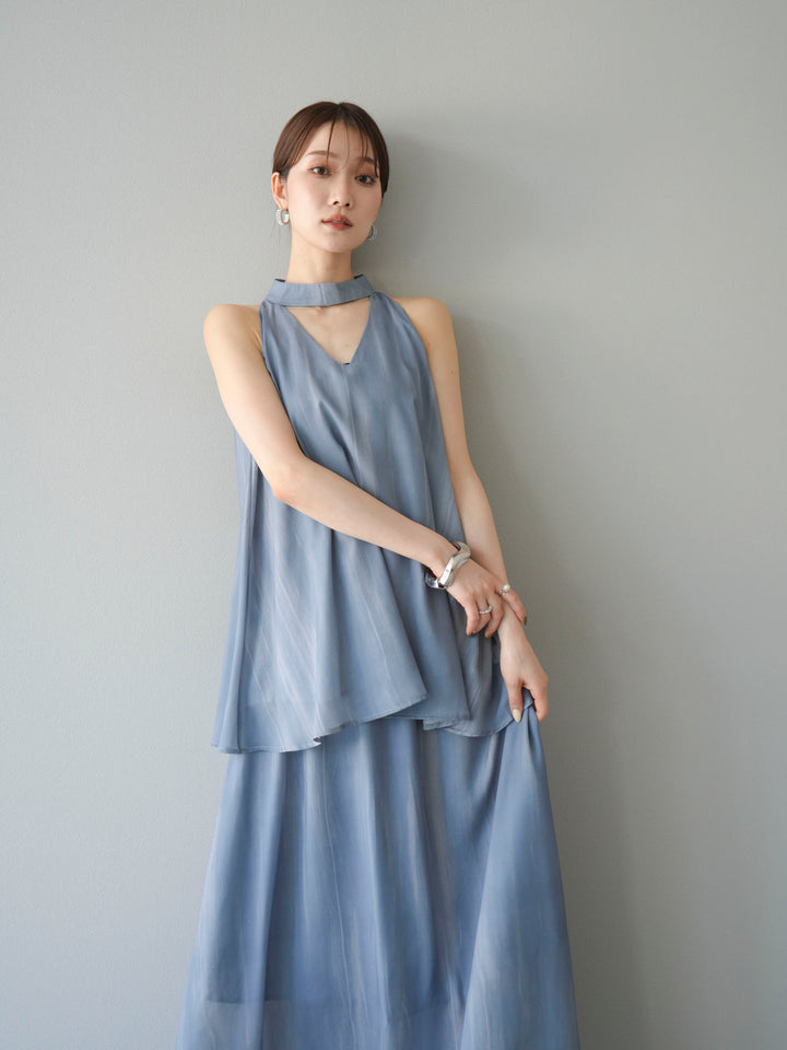 [SET] 細膩花紋V領襯衫＆喇叭裙（2套）