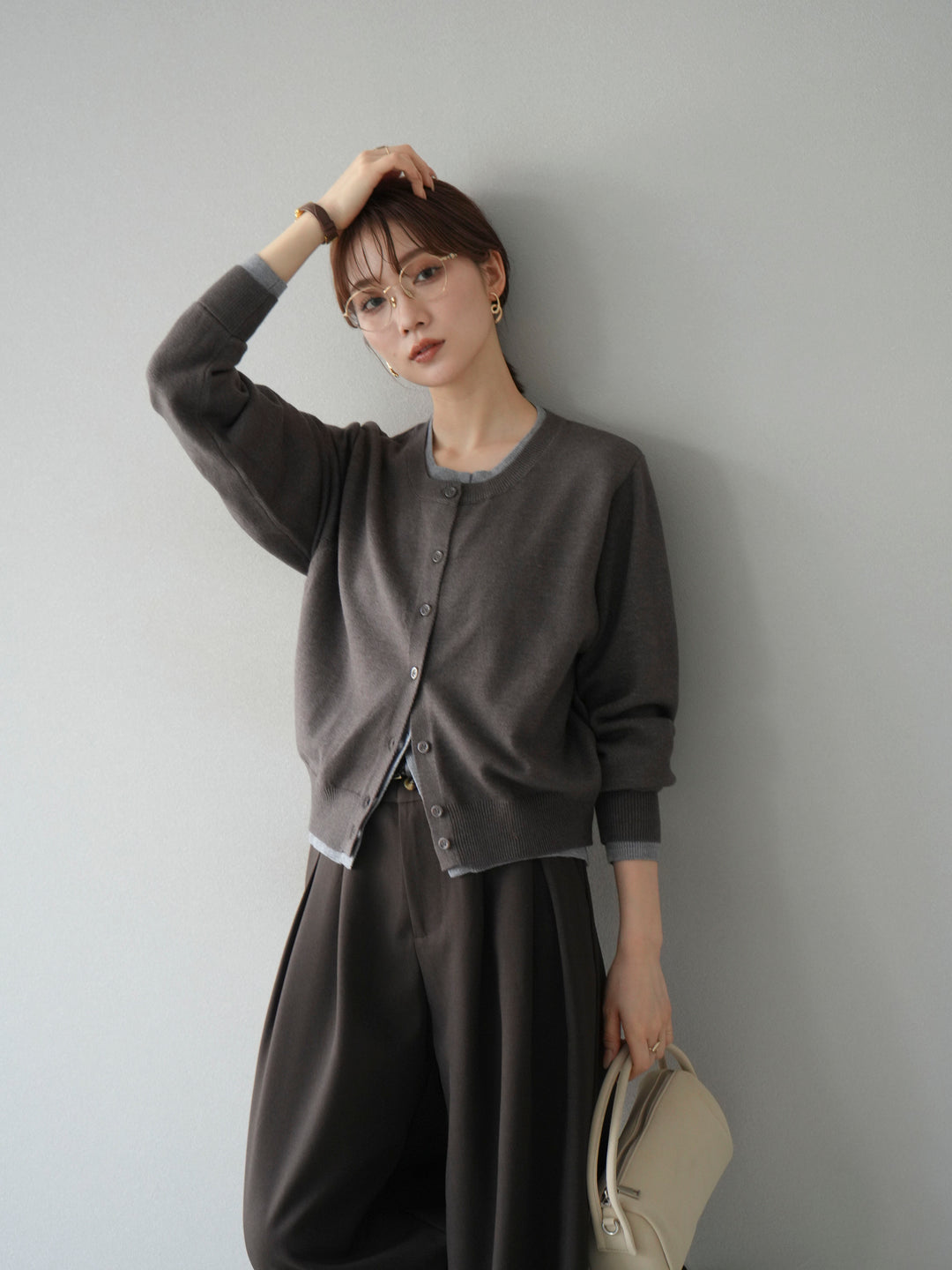 【SET】同色系疊穿開襟衫+雙褶寬褲（2件組）