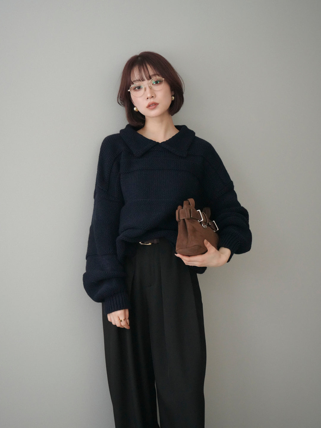 [予約]襟付きボーダー編みニットプルオーバー/navy