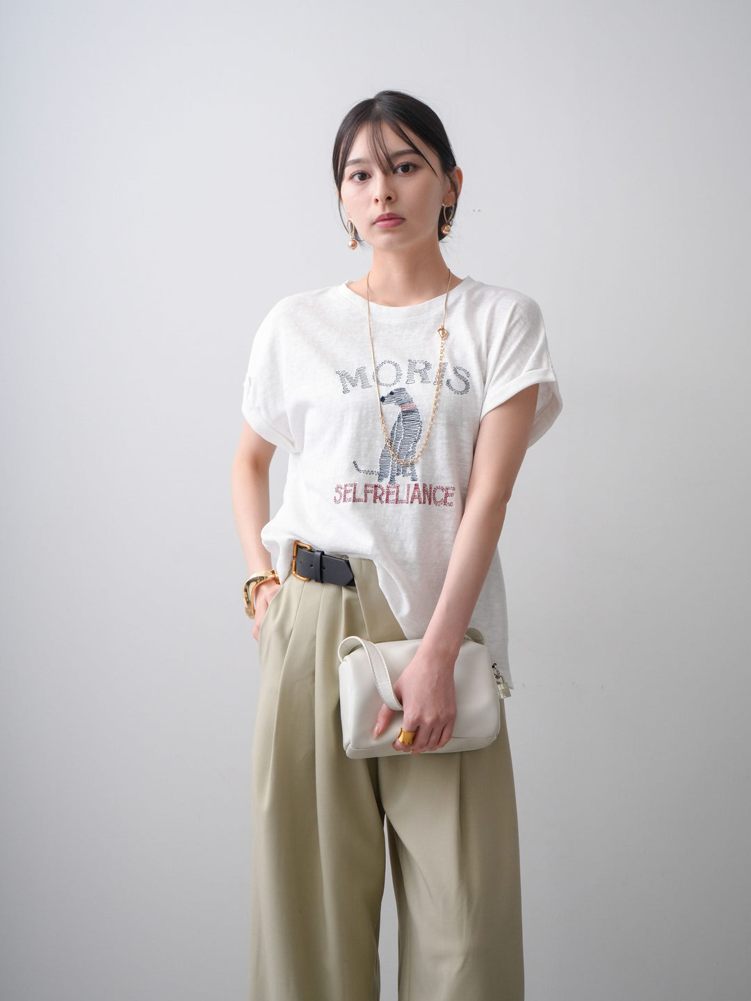[SET]ドッグエンブロイダリーTEE+アシンメトリーベルトタックワイドパンツ(2set)