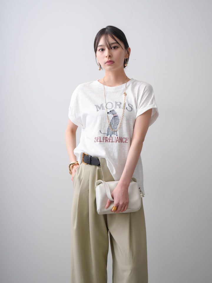 [SET]ドッグエンブロイダリーTEE+アシンメトリーベルトタックワイドパンツ(2set)