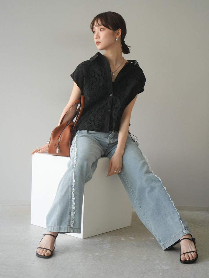 【預購】蕾絲分層抽繩襯衫/黑色