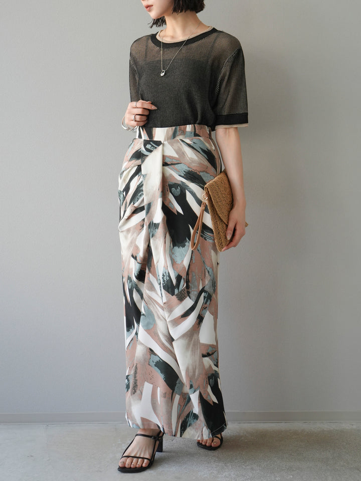 [SET]リネンタッチ配色二重臼ハーフニットトップス+選べるアソート柄スカートセット(2set)