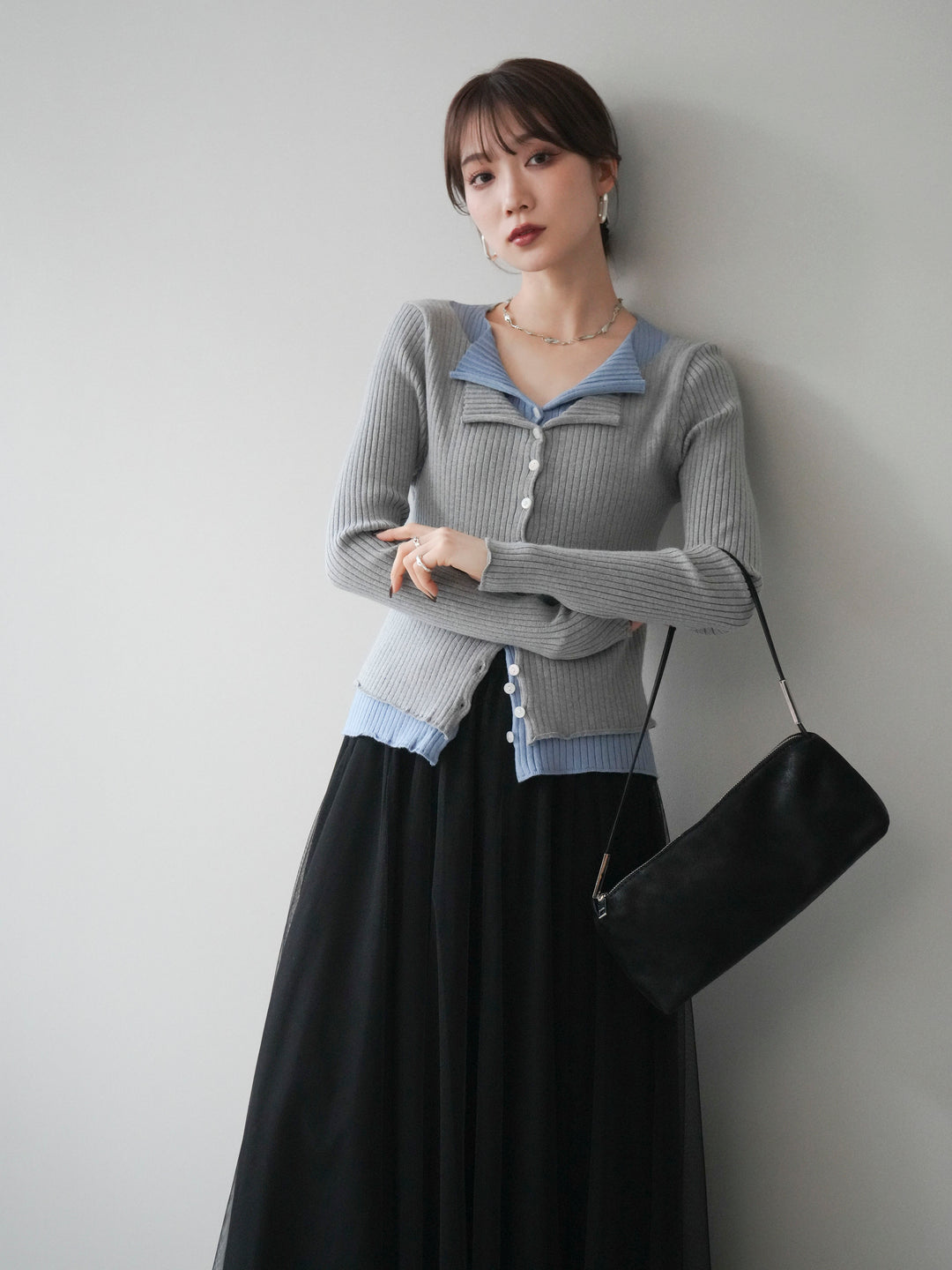 [予約]配色レイヤードリブニットカーディガン/gray