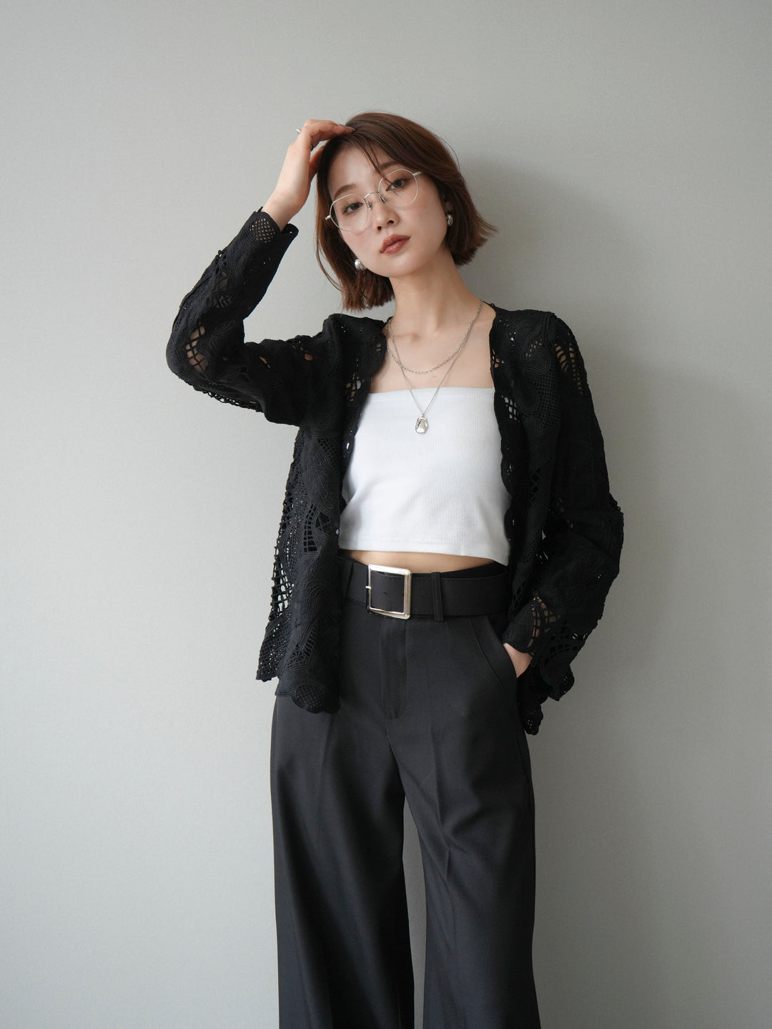 [予約]立体レーススカラップブラウス/black