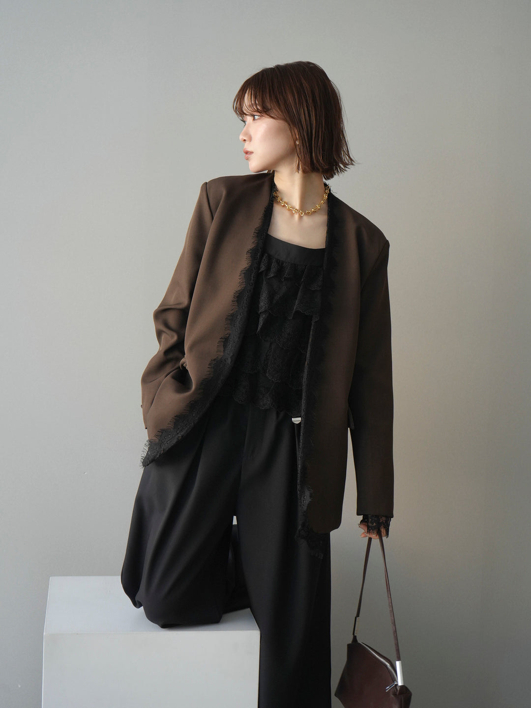[SET]ノーカラーレースジャケット+スカラップレースフリルキャミソール(2set)