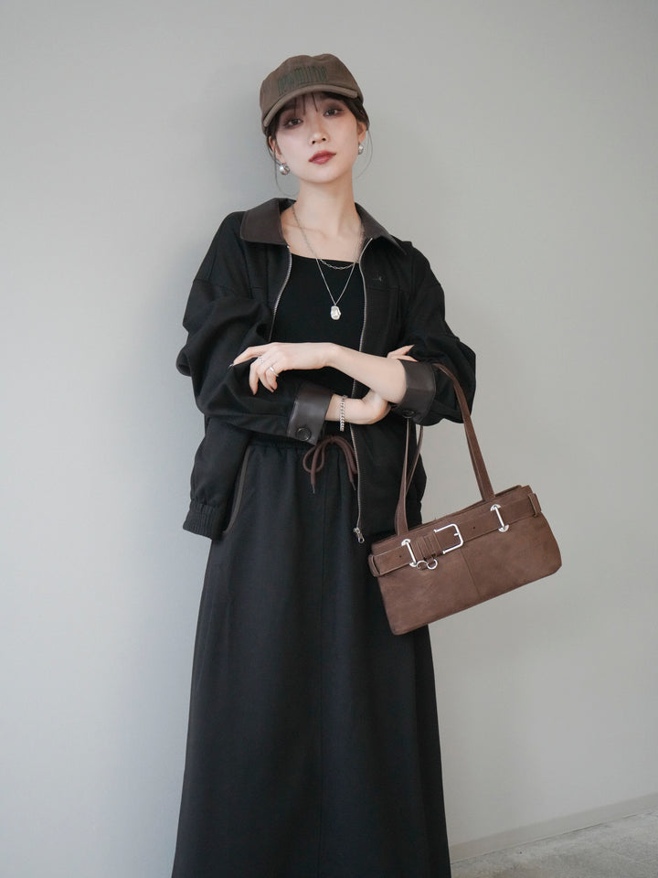 [予約]レザー襟配色パイピングブルゾン/black