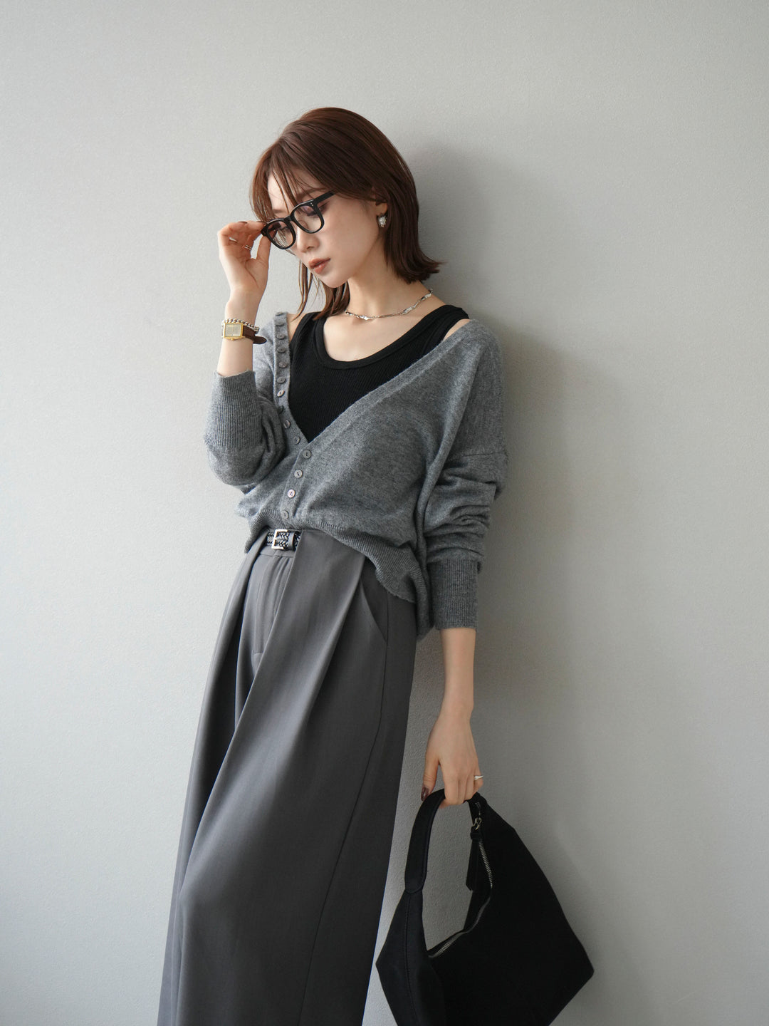 [予約]デザインボタンニットカーディガン＆タンクトップSET/グレー