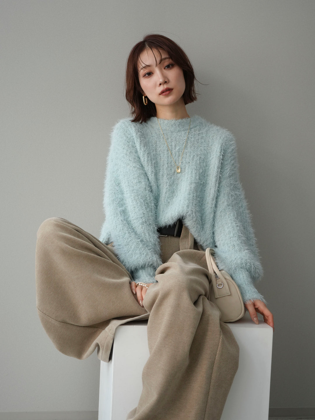 [SET]ボリュームスリーブシャギー MIXニットプルオーバー+ベルトデザインループコールテンワイドパンツ(ベルト付き)(2set)