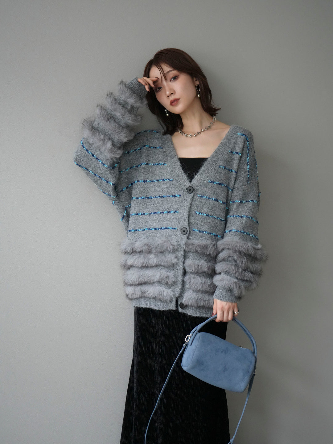 [SET]フェザーライン配色シャギーニットカーディガン+ベロアプリーツナロースカート(2set)