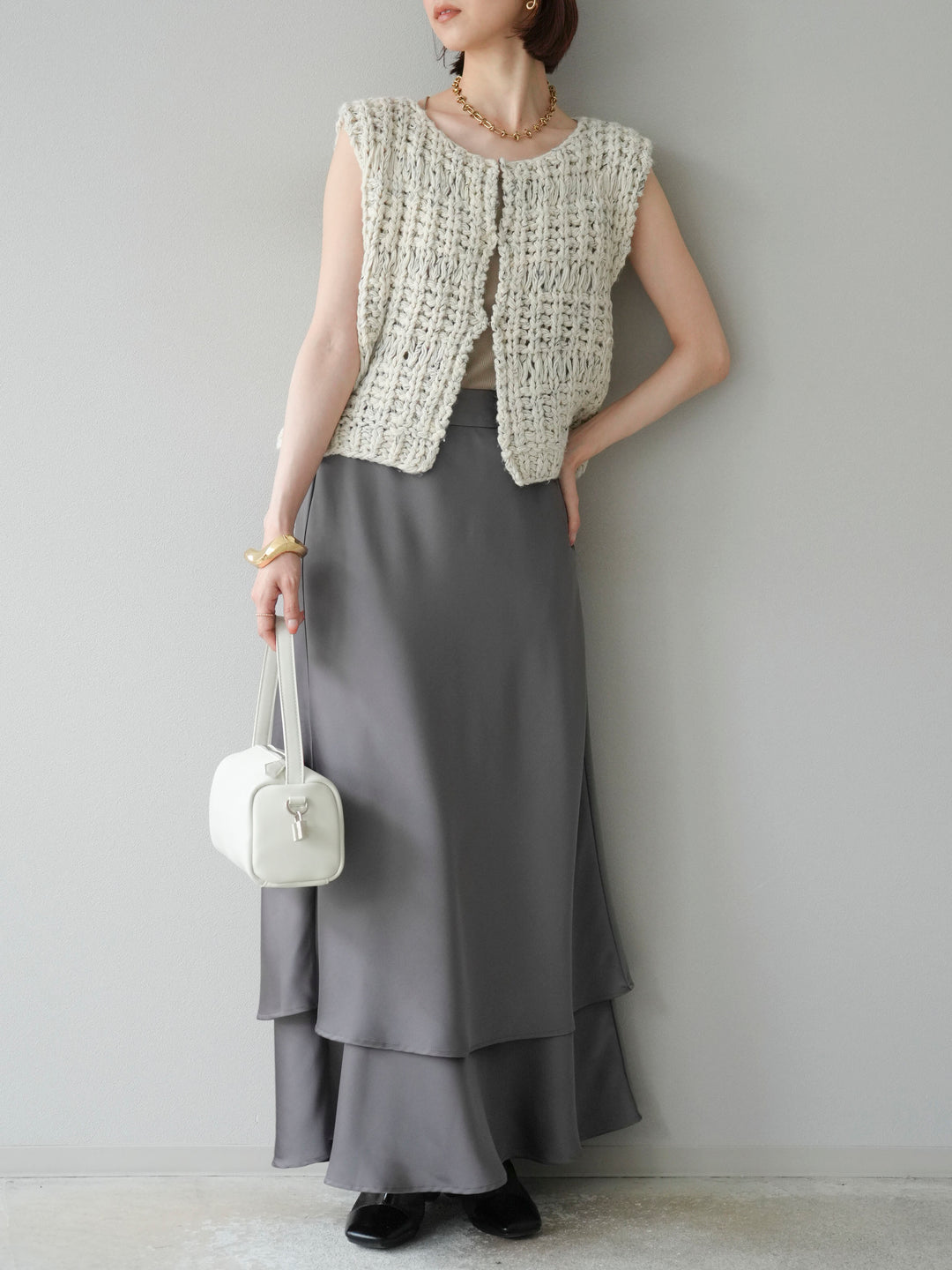 [予約]サテンフリルスカート/グレー