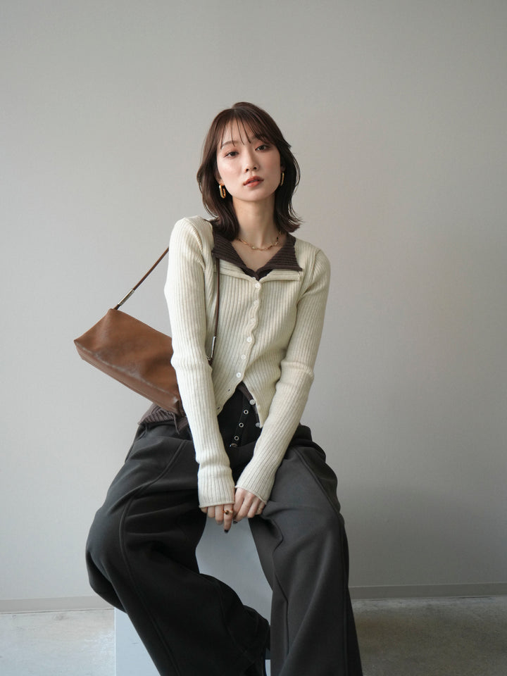 [予約]配色レイヤードリブニットカーディガン/ivory