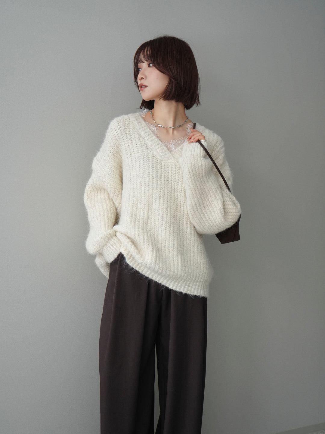 [SET]Vネックレースニットプルオーバー+ベルトループデザインワイドパンツ(2set)