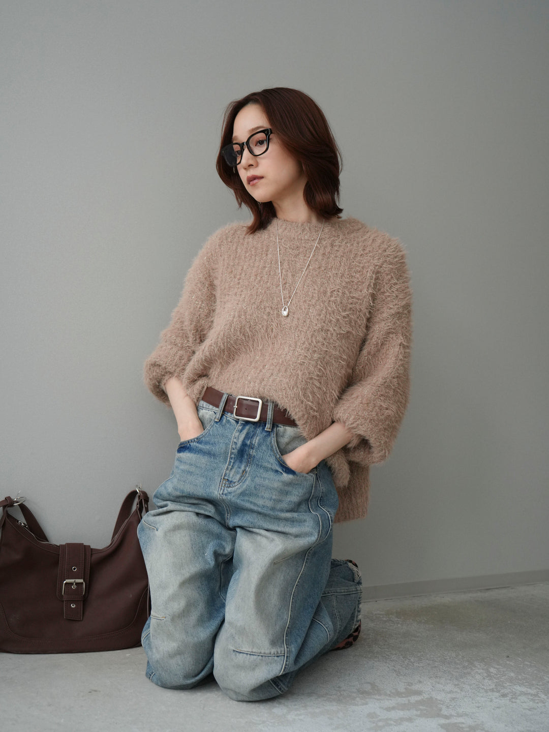 [SET]ボリュームスリーブシャギー MIXニットプルオーバー+ベルト付カーブデニムパンツ(2set)