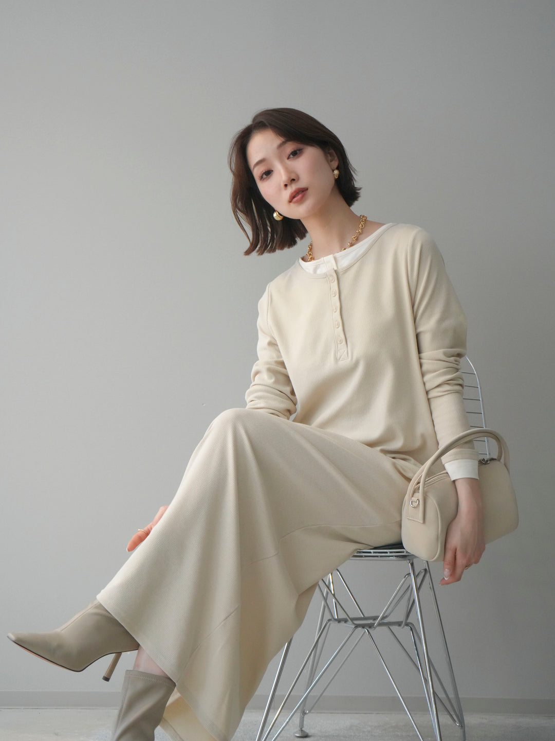 [SET]配色レイヤードヘンリーネックカットリブワンピース+選べるアクセセット(2set)