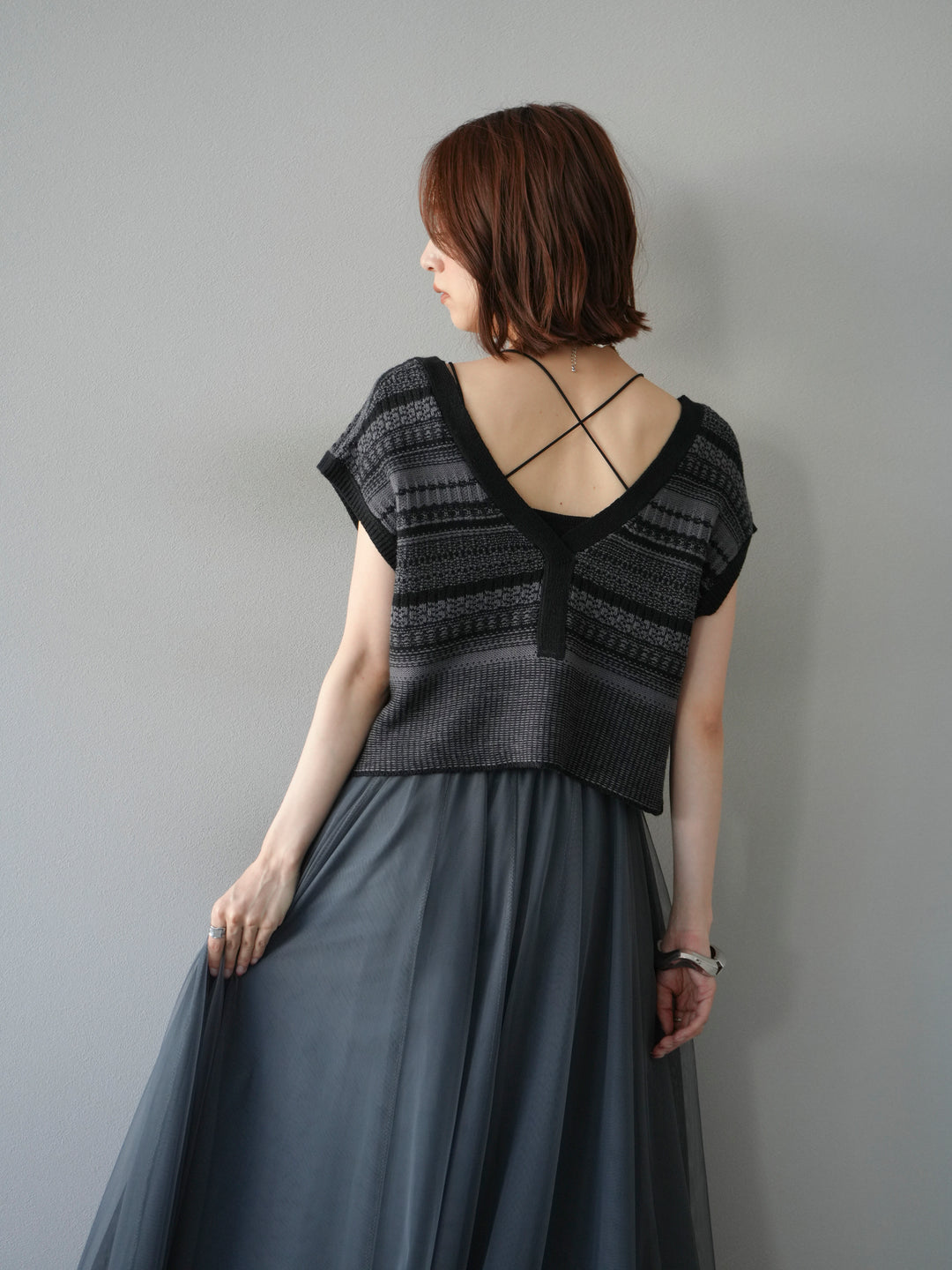 [予約]ガーター編み2WAYニットベスト/グレー×ブラック