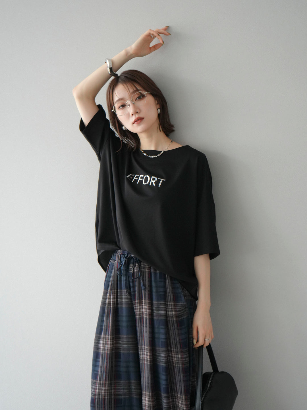 [予約]異素材メタリックロゴ刺繍×プリントTシャツ/ブラック