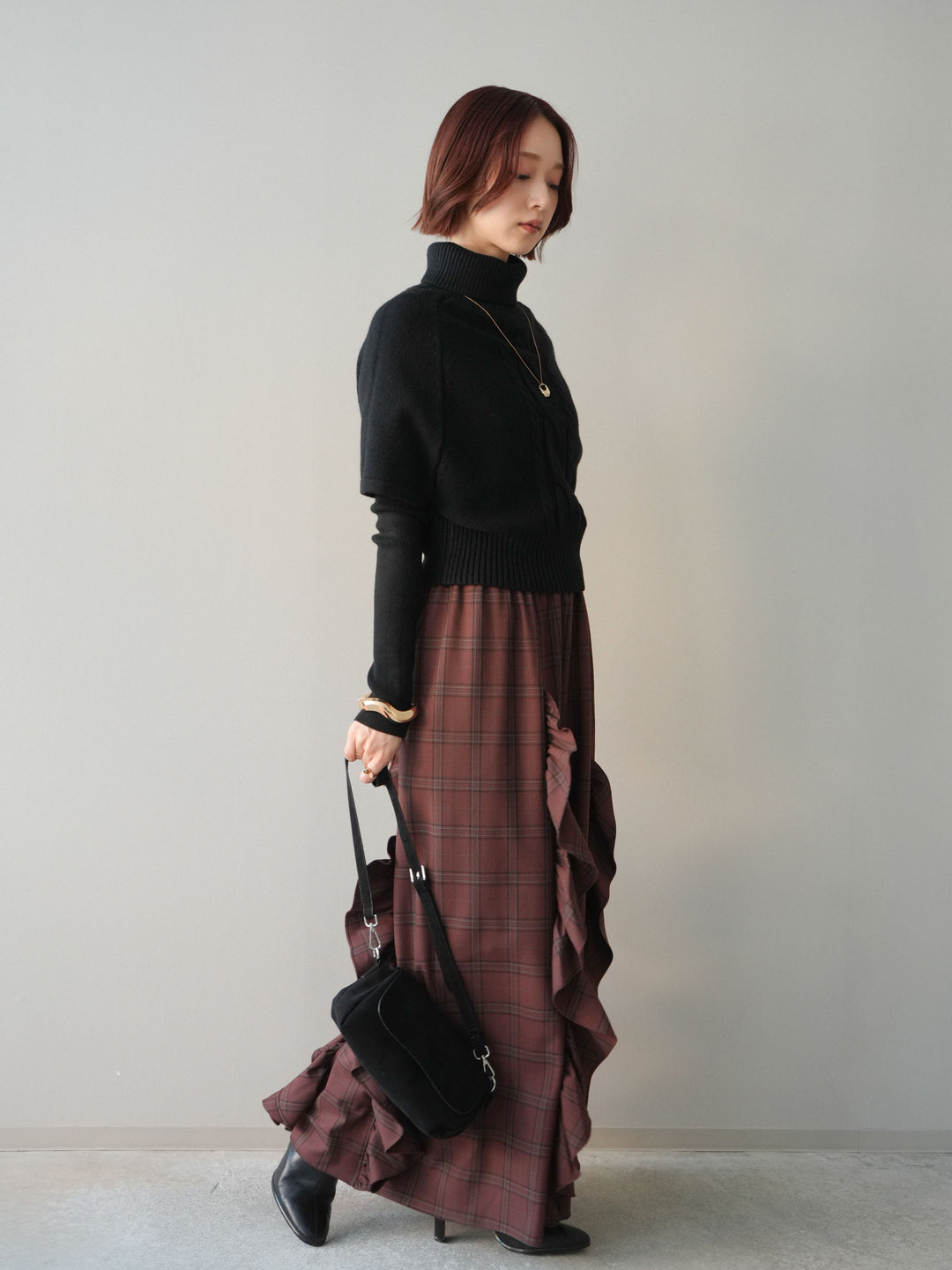 [予約]チェック柄フリルハイウエストマキシスカート/darkbrown