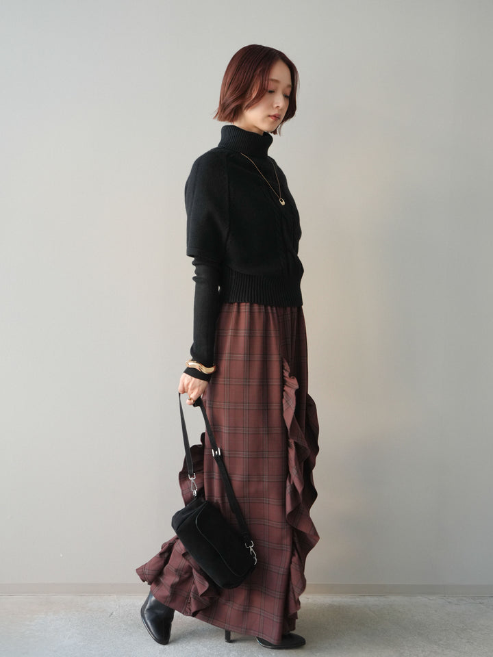 [予約]チェック柄フリルハイウエストマキシスカート/darkbrown
