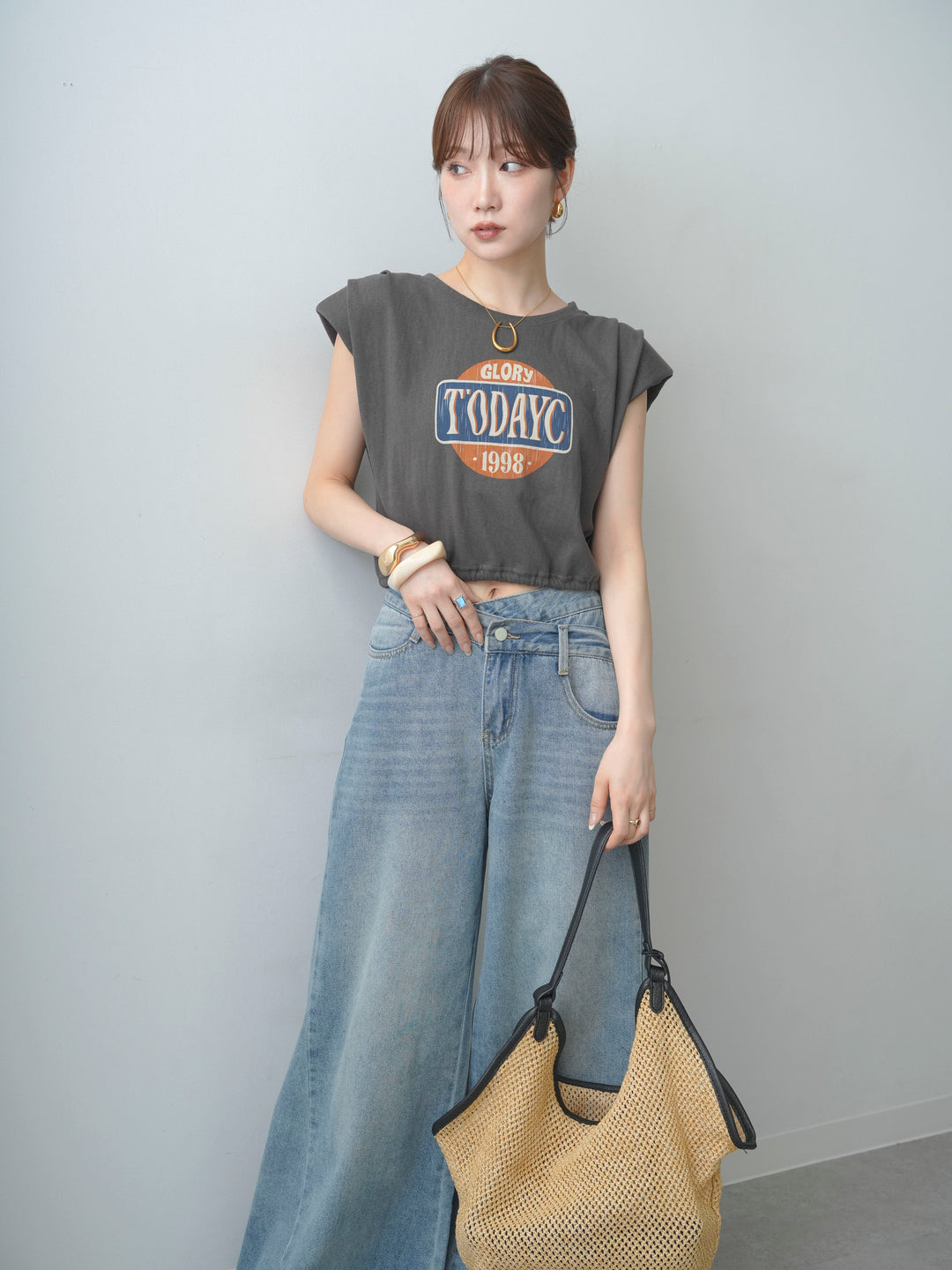 [SET]ヴィンテージロゴドロストTEE+アシンメトリーウエストワイドデニム(2set)