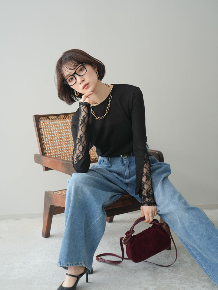 [SET]袖レースレイヤードデザインメロートップス+ハイウエストベルトループデザインデニムパンツ(2set)