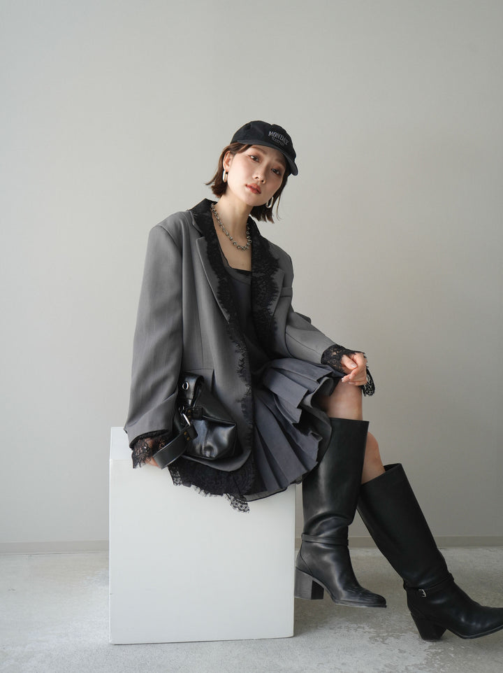 [予約]チュールドッキング裾プリーツミニワンピース/charcoal