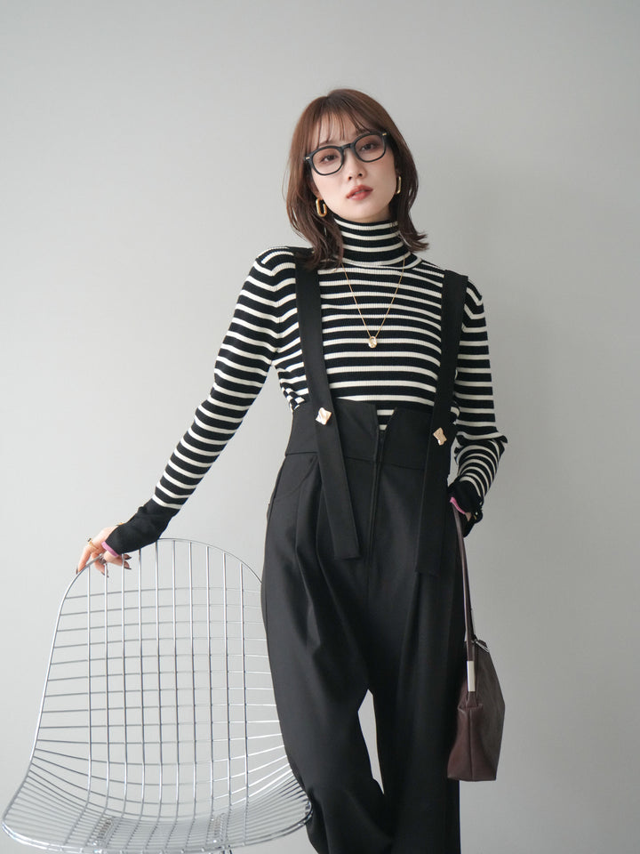 [予約]袖配色ハイネックボーダーリブニットトップス/blackborderpink